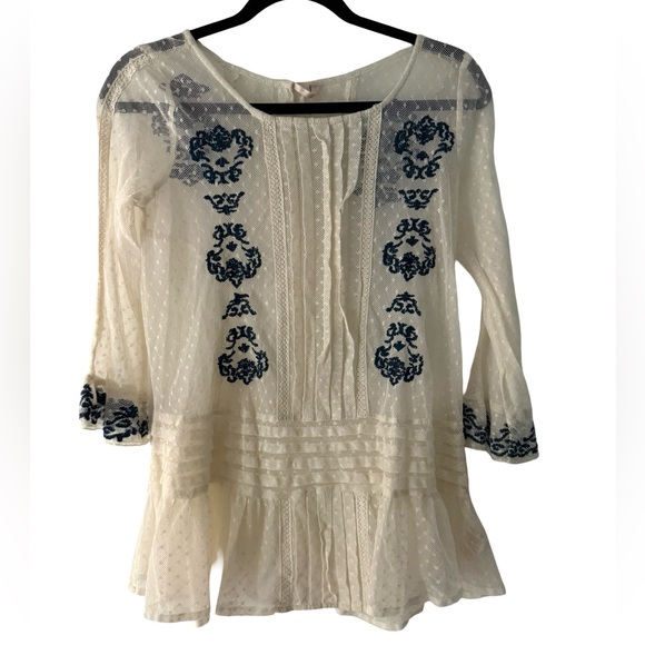 Free People Tops - Free People Boho Lace Peplum Top Ivory Navy Embroidered Sheer Blouse XS